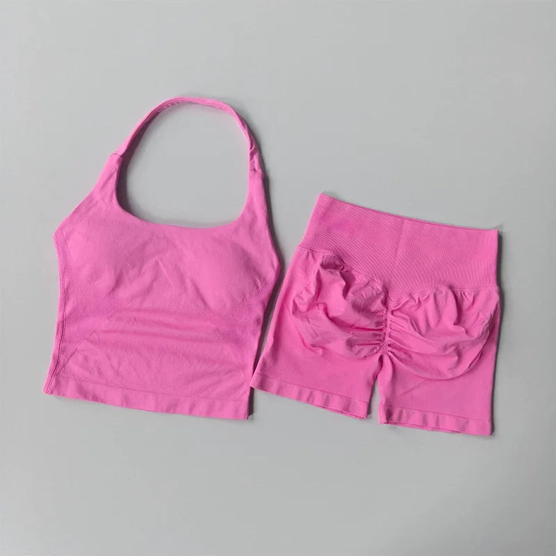 Seamless Halter Gym Set — Sculpting Top + High‑Waist Shorts