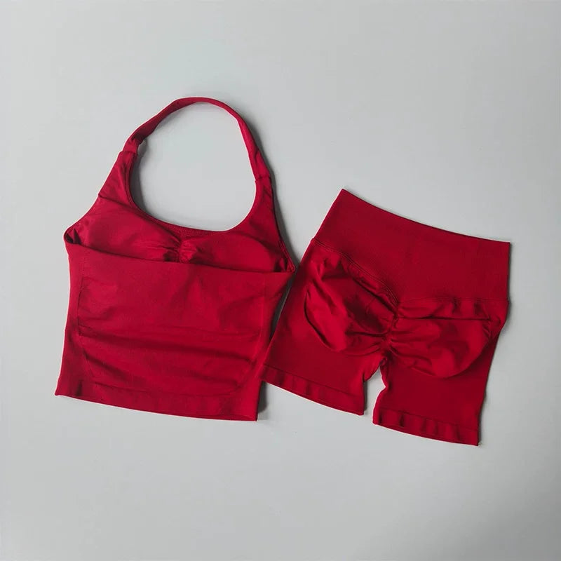 Seamless Halter Gym Set — Sculpting Top + High‑Waist Shorts