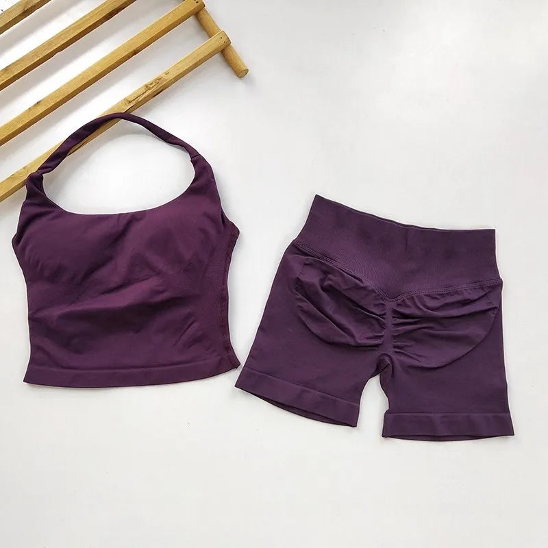 Seamless Halter Gym Set — Sculpting Top + High‑Waist Shorts