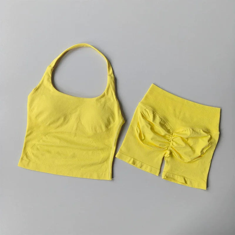 Seamless Halter Gym Set — Sculpting Top + High‑Waist Shorts