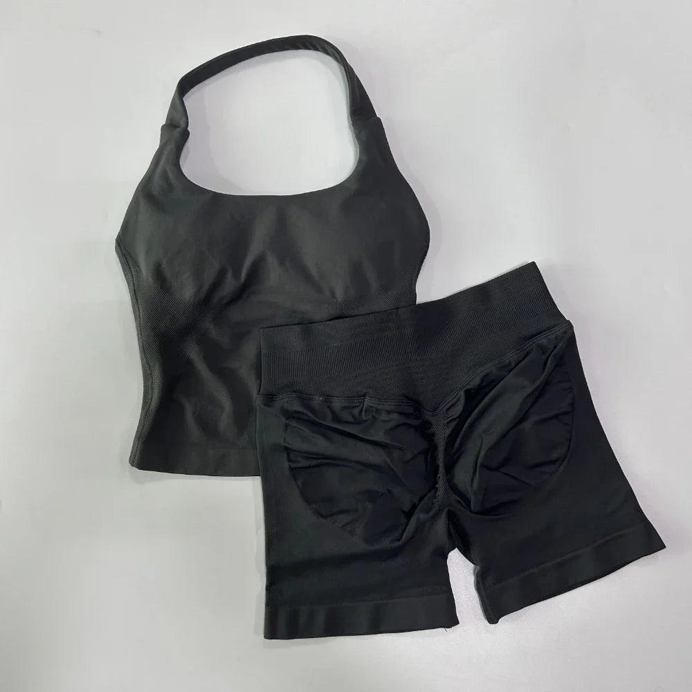 Seamless Halter Gym Set — Sculpting Top + High‑Waist Shorts