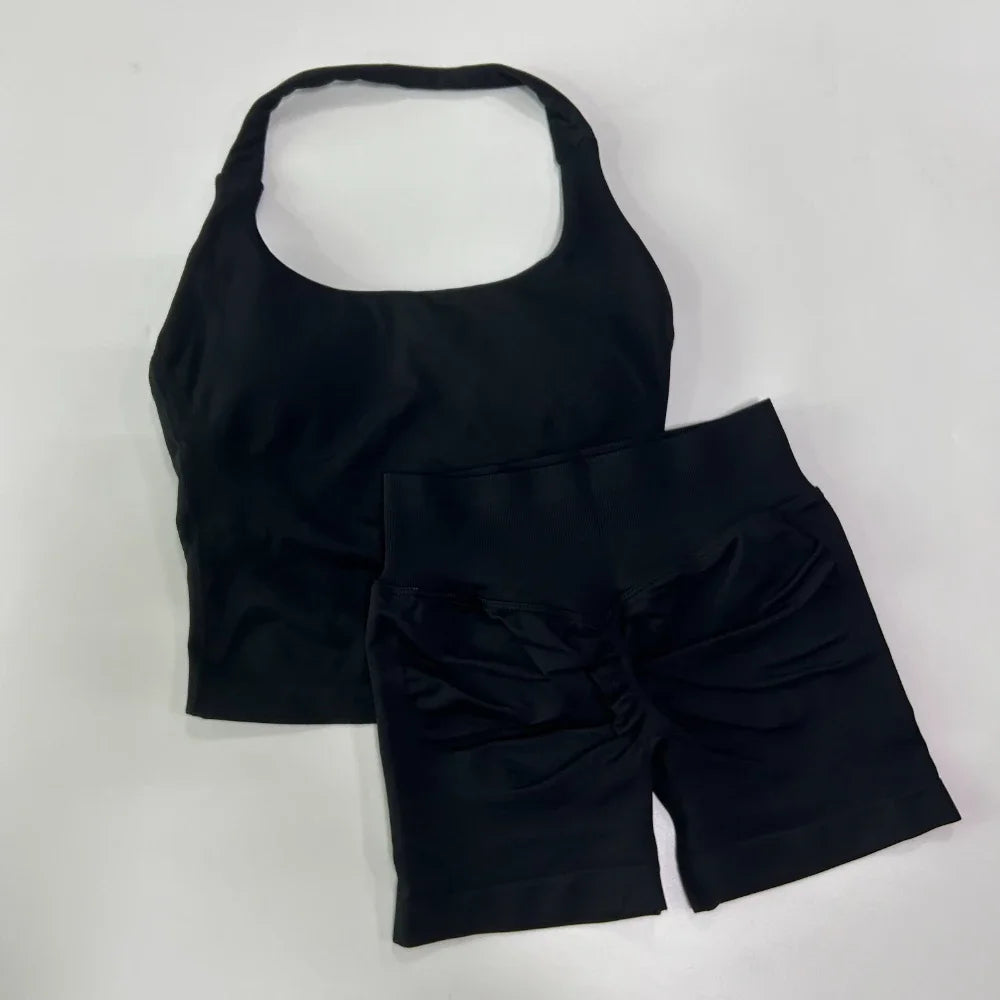 Seamless Halter Gym Set — Sculpting Top + High‑Waist Shorts