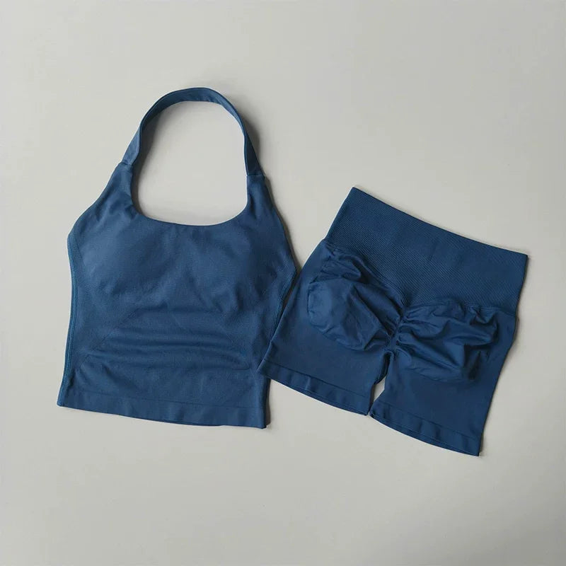 Seamless Halter Gym Set — Sculpting Top + High‑Waist Shorts